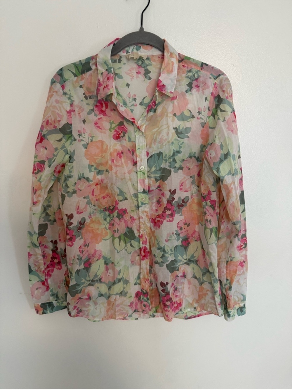 Sezane Blouse Pierro Button Down in Green Pink Romantic Flowers - Picture 5 of 5